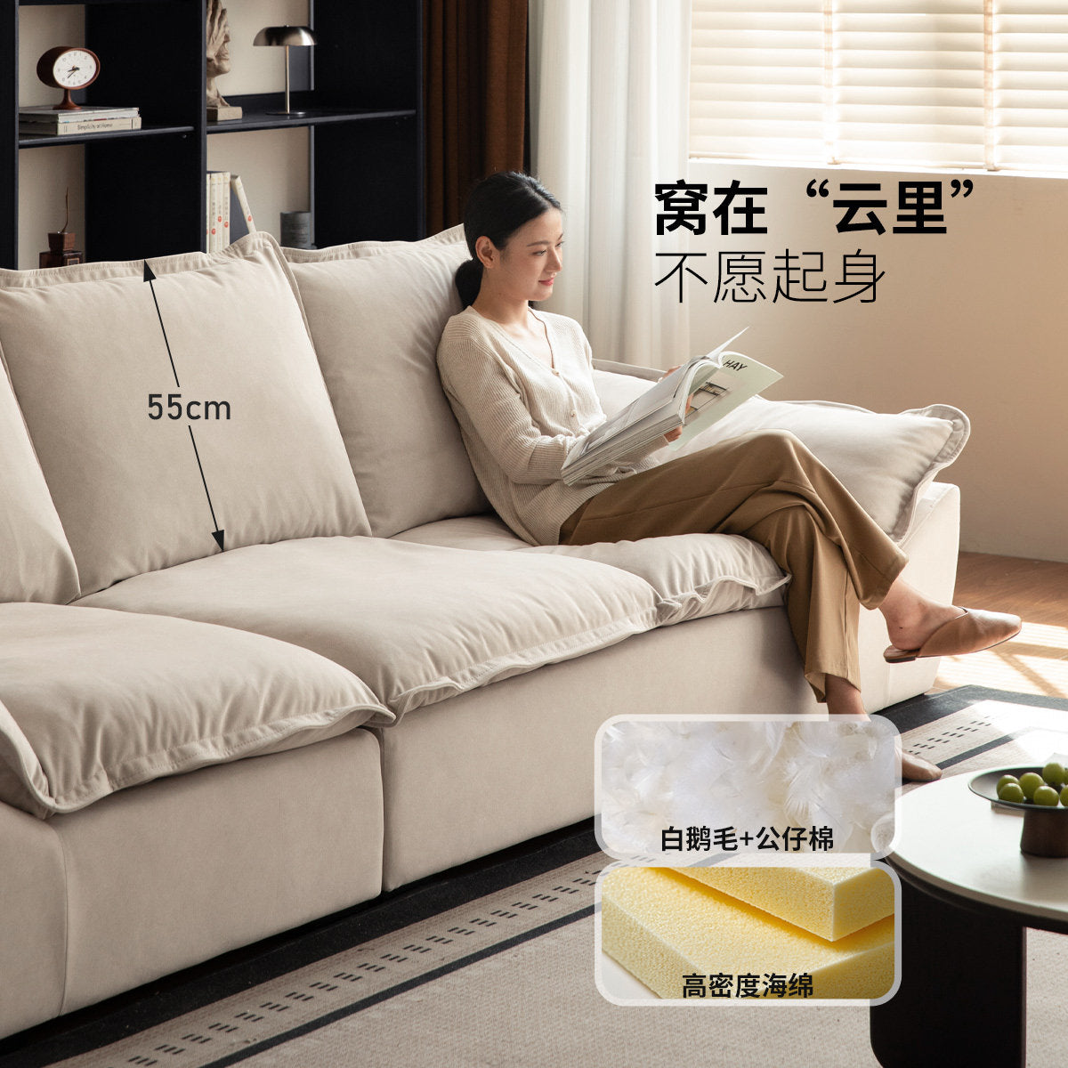 布艺沙发客厅三人位猫抓布直排奶油风可拆洗帆船沙发